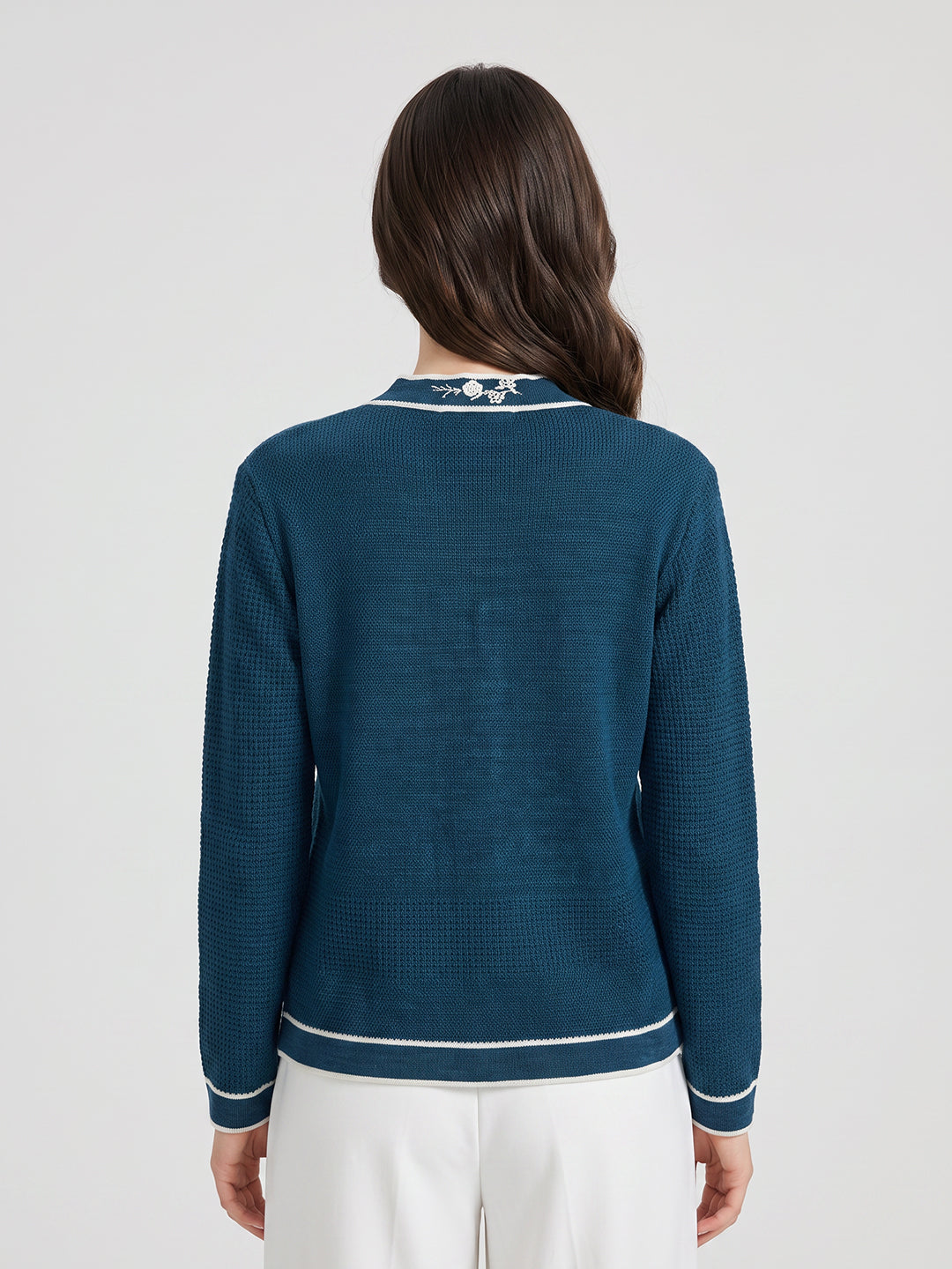 Women Blue Self Design V Neck Full Sleeve Cardigan