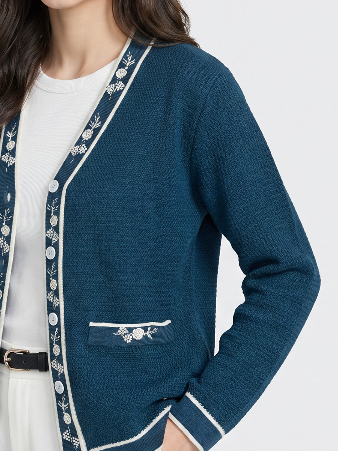 Women Blue Self Design V Neck Full Sleeve Cardigan