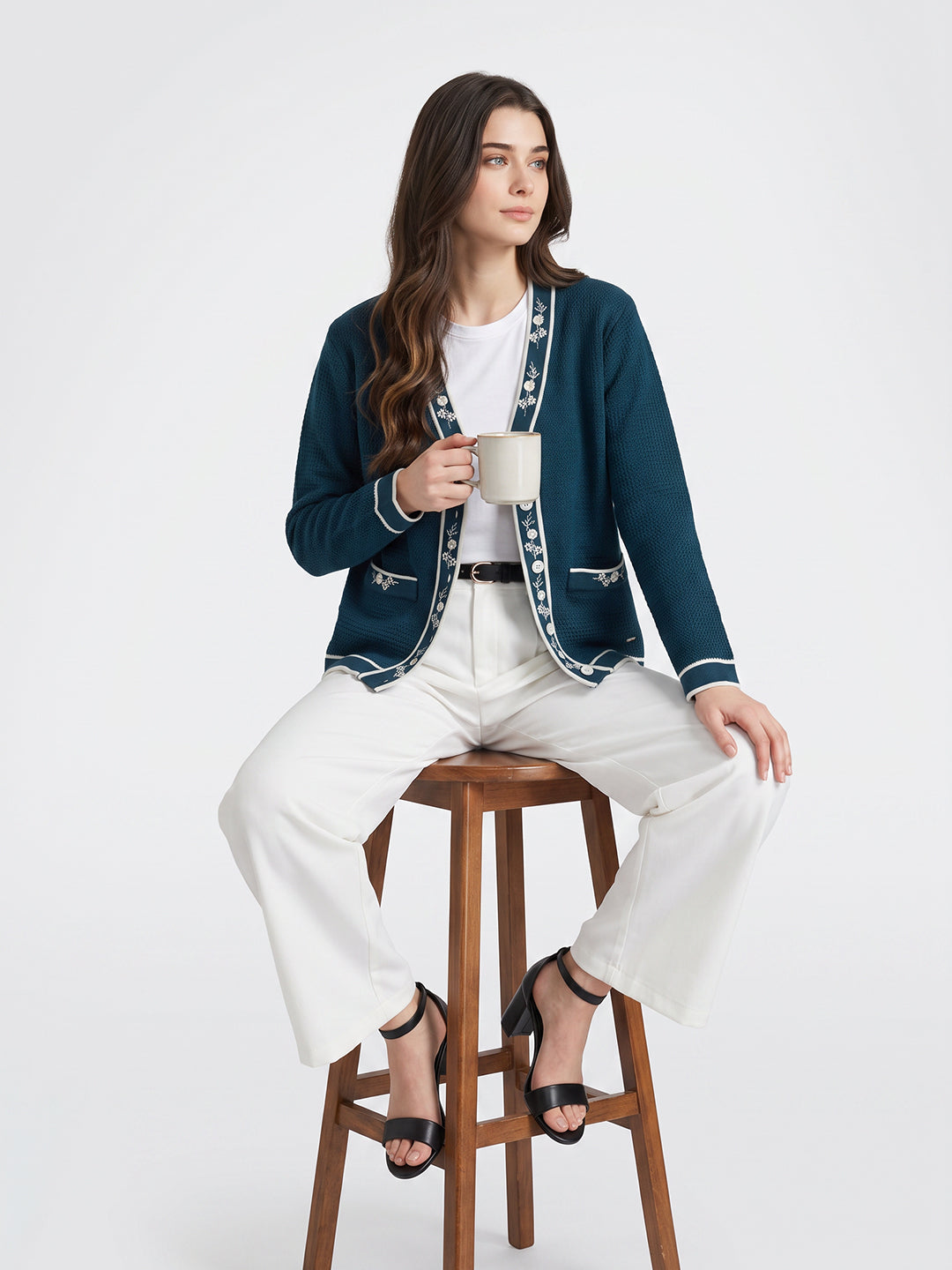 Women Blue Self Design V Neck Full Sleeve Cardigan