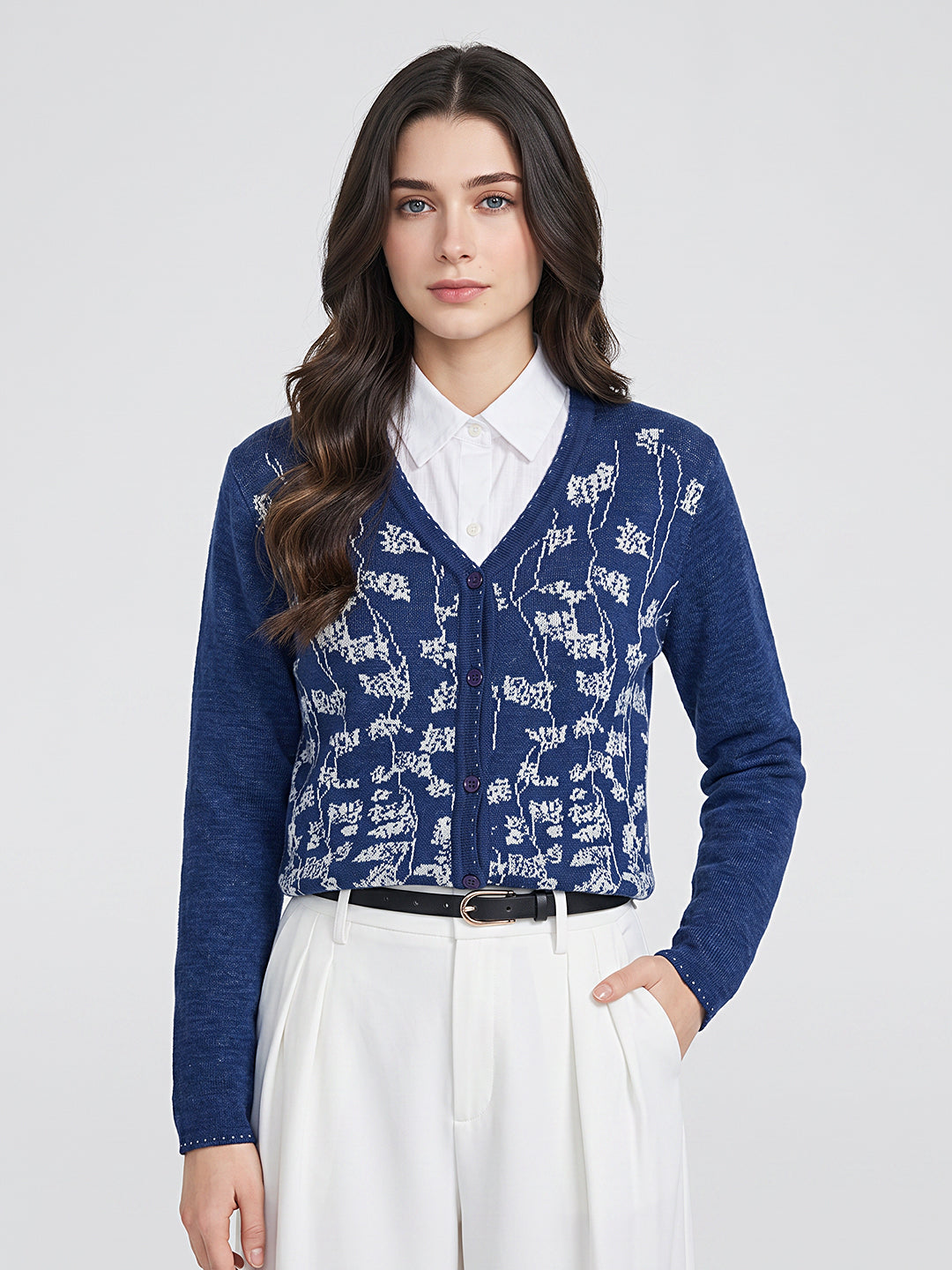 Women Blue Jacquard V Neck Full Sleeve Cardigan