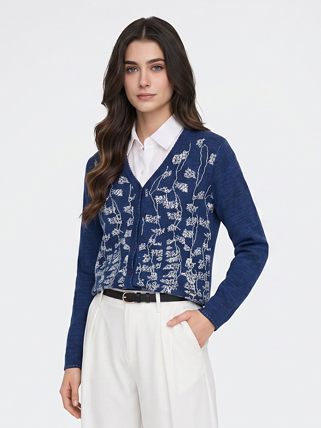 Women Blue Jacquard V Neck Full Sleeve Cardigan