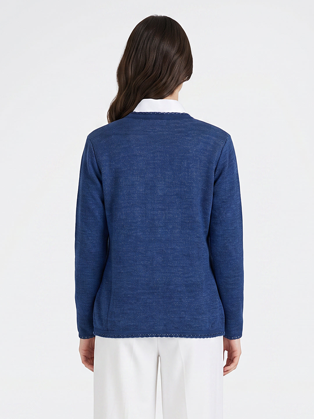 Women Blue Jacquard V Neck Full Sleeve Cardigan