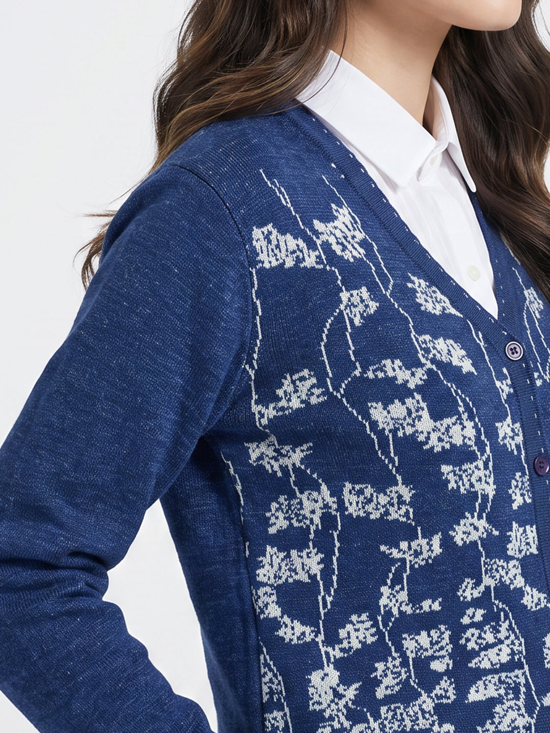 Women Blue Jacquard V Neck Full Sleeve Cardigan
