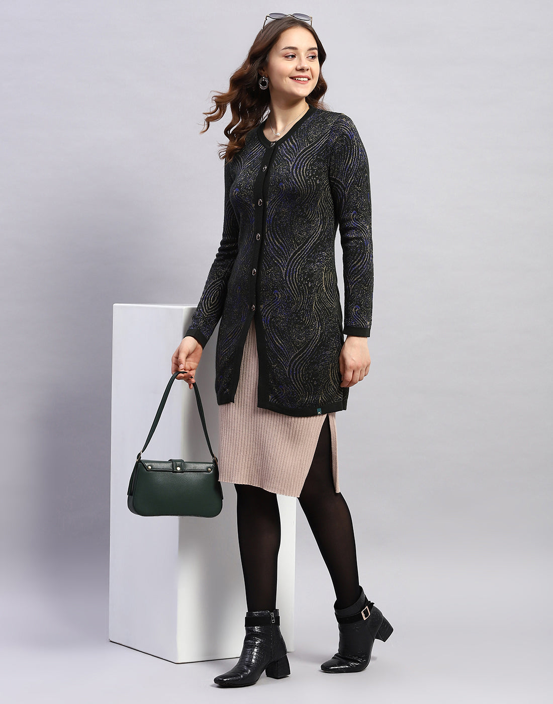 Women Black Self Design Round Neck Full Sleeve Cardigan