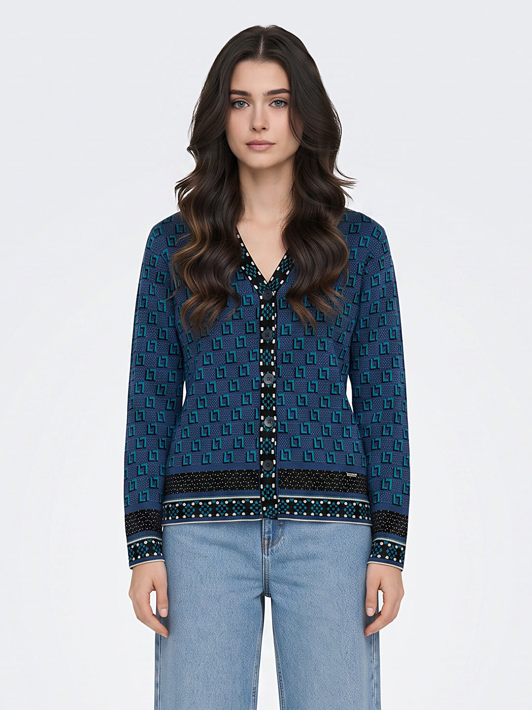 Women Blue Jacquard V Neck Full Sleeve Cardigan