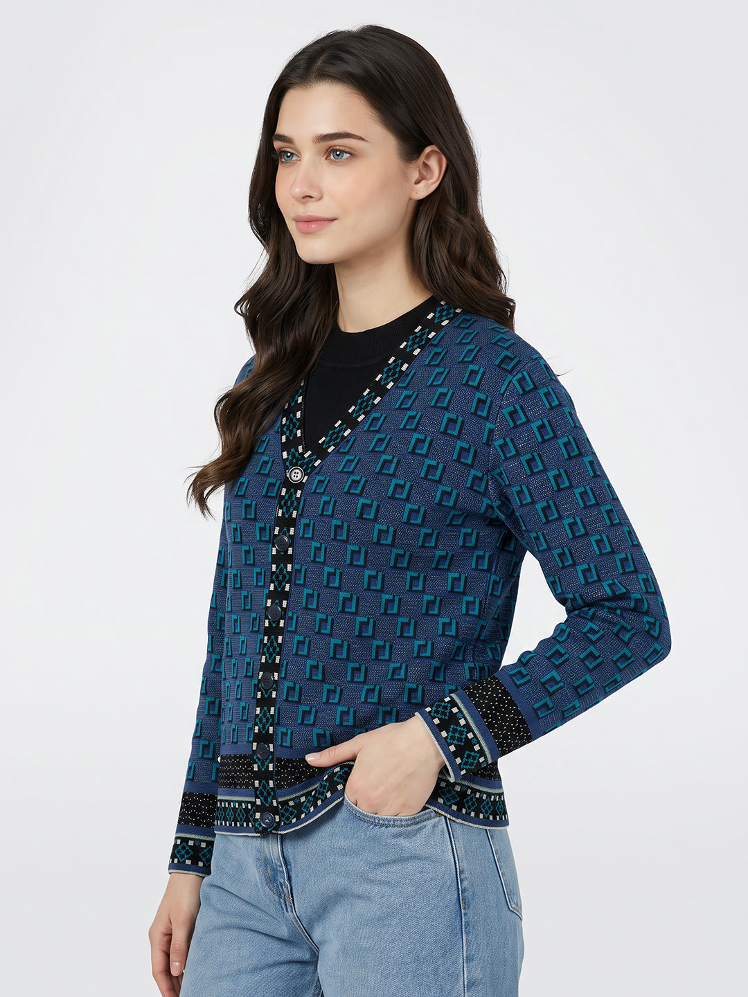 Women Blue Jacquard V Neck Full Sleeve Cardigan