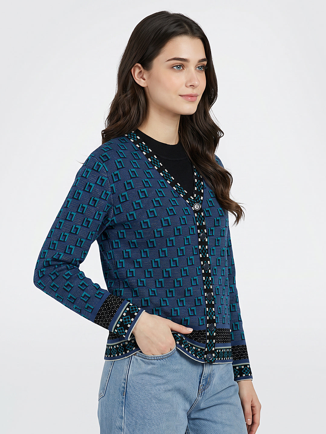 Women Blue Jacquard V Neck Full Sleeve Cardigan