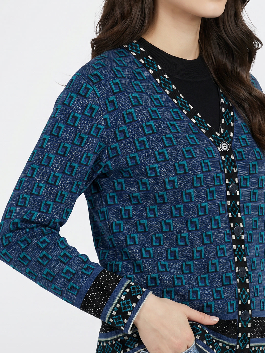 Women Blue Jacquard V Neck Full Sleeve Cardigan