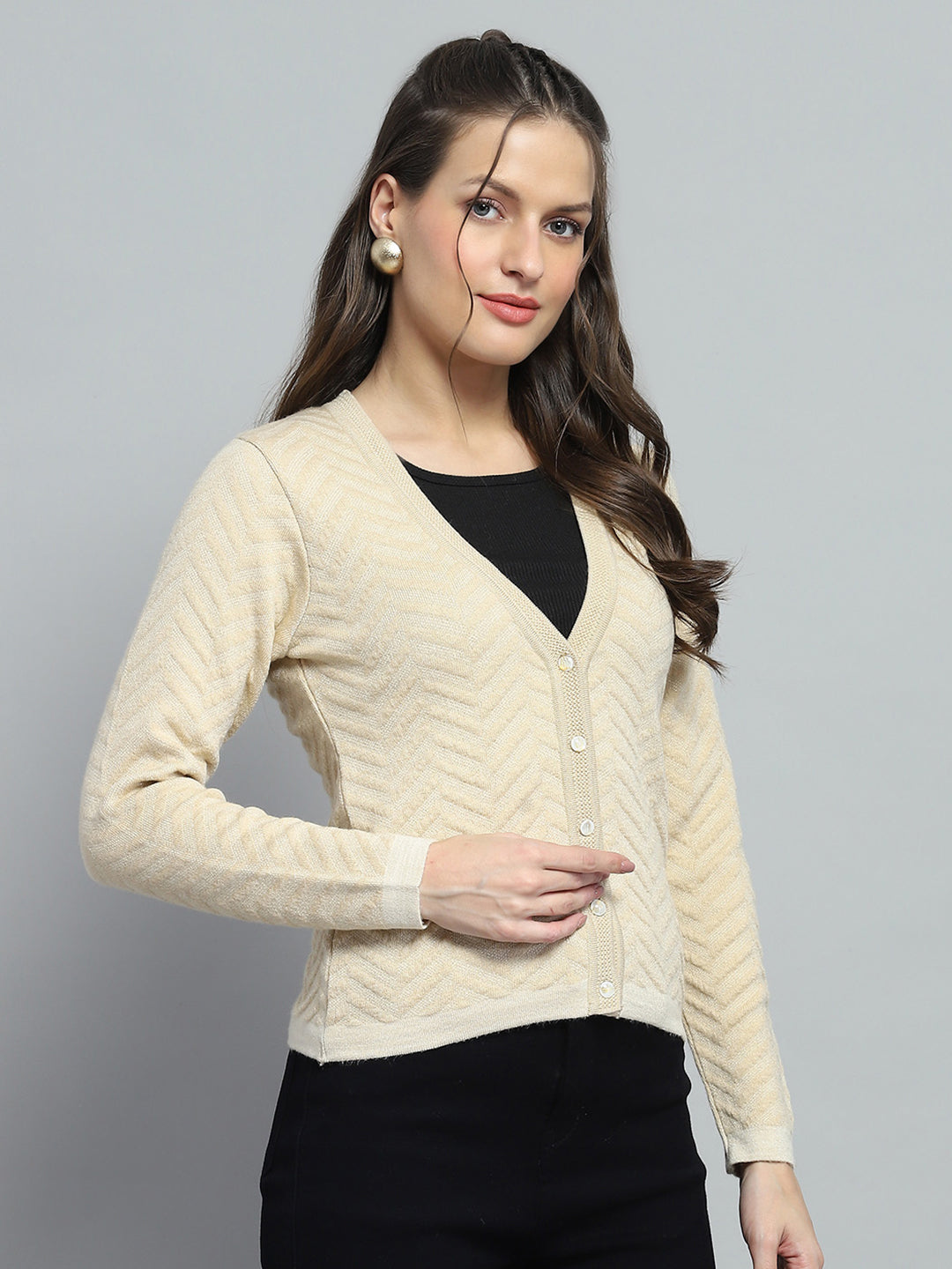 Women Beige Self Design V Neck Full Sleeve Cardigan