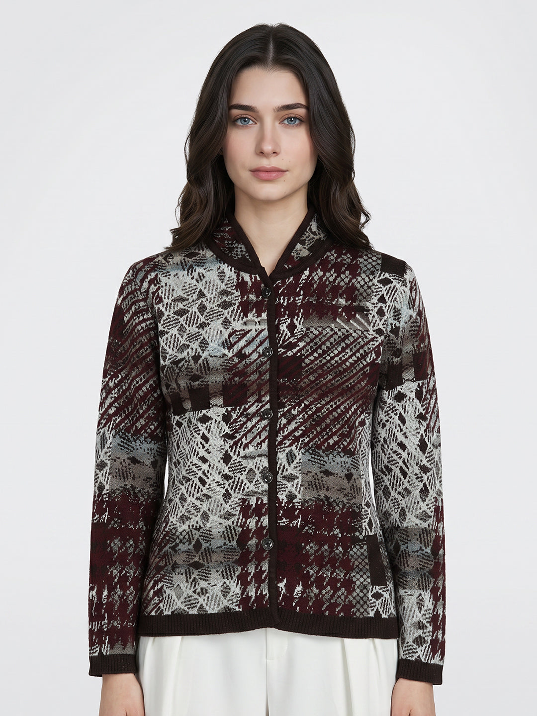 Women Brown Jacquard V Neck Full Sleeve Cardigan