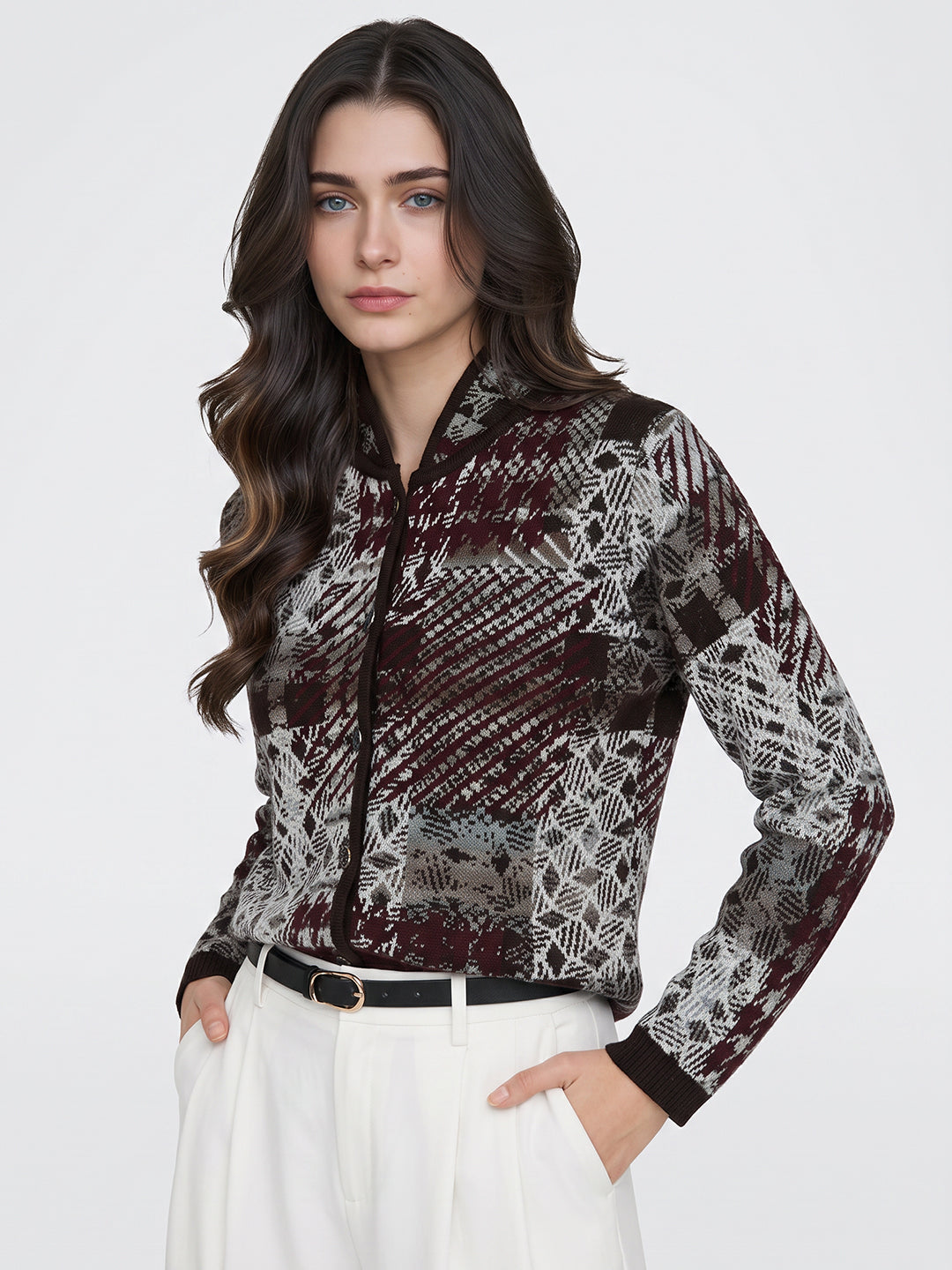 Women Brown Jacquard V Neck Full Sleeve Cardigan