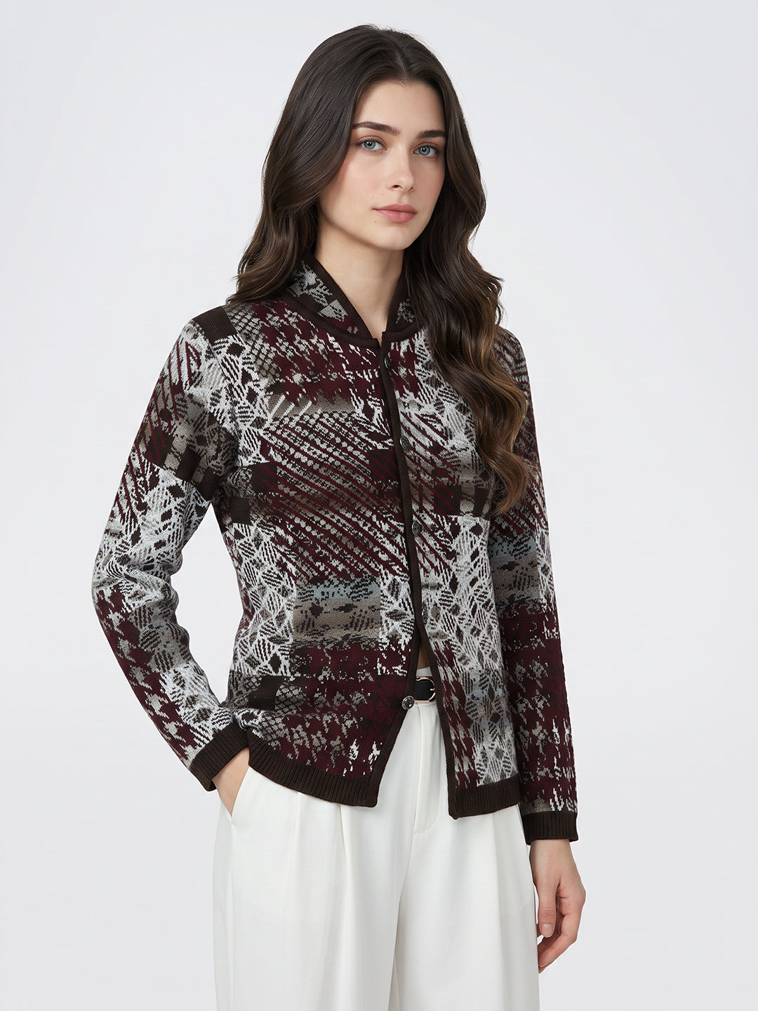 Women Brown Jacquard V Neck Full Sleeve Cardigan