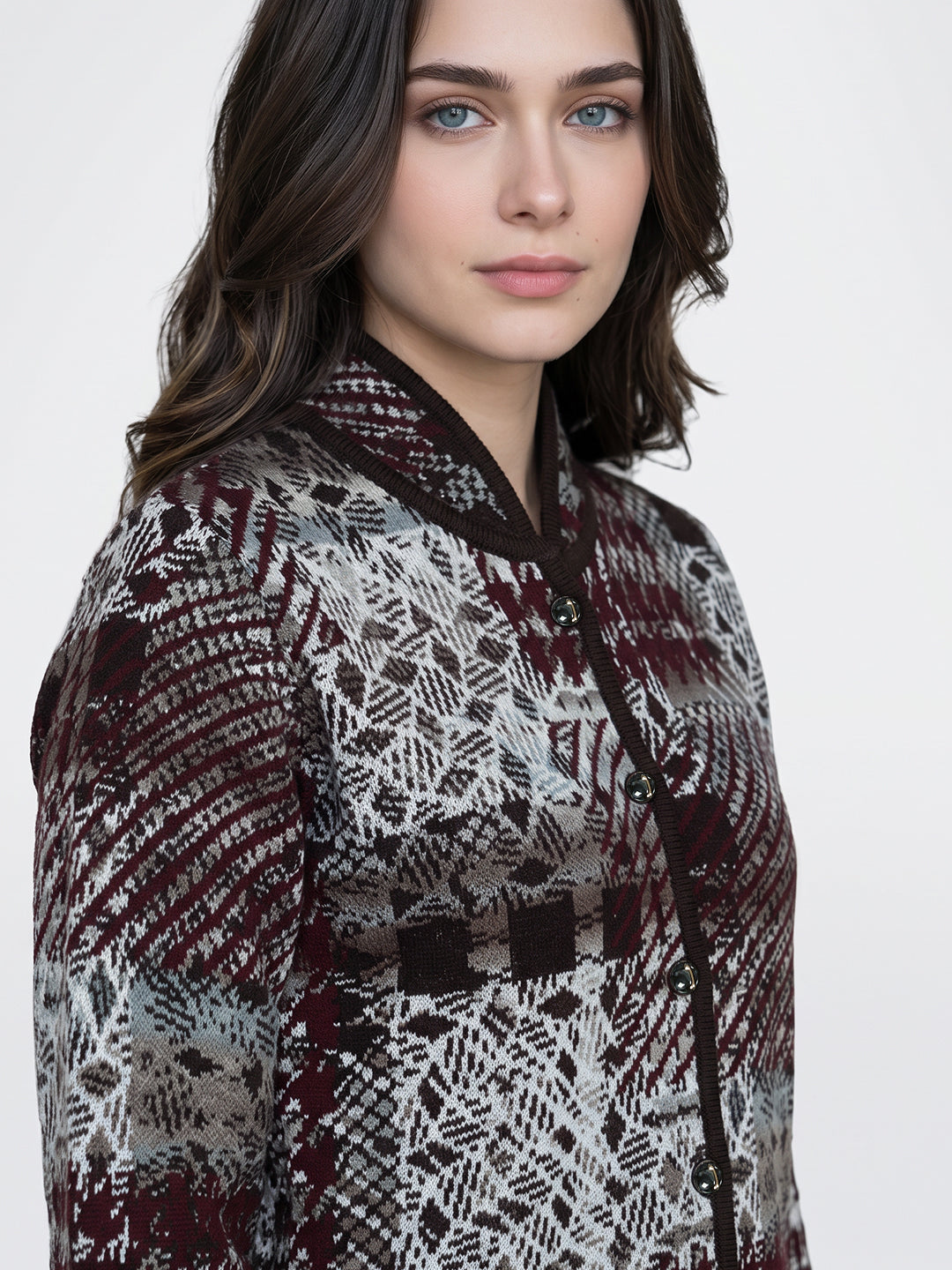 Women Brown Jacquard V Neck Full Sleeve Cardigan