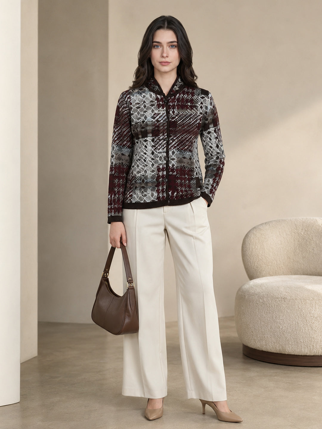 Women Brown Jacquard V Neck Full Sleeve Cardigan
