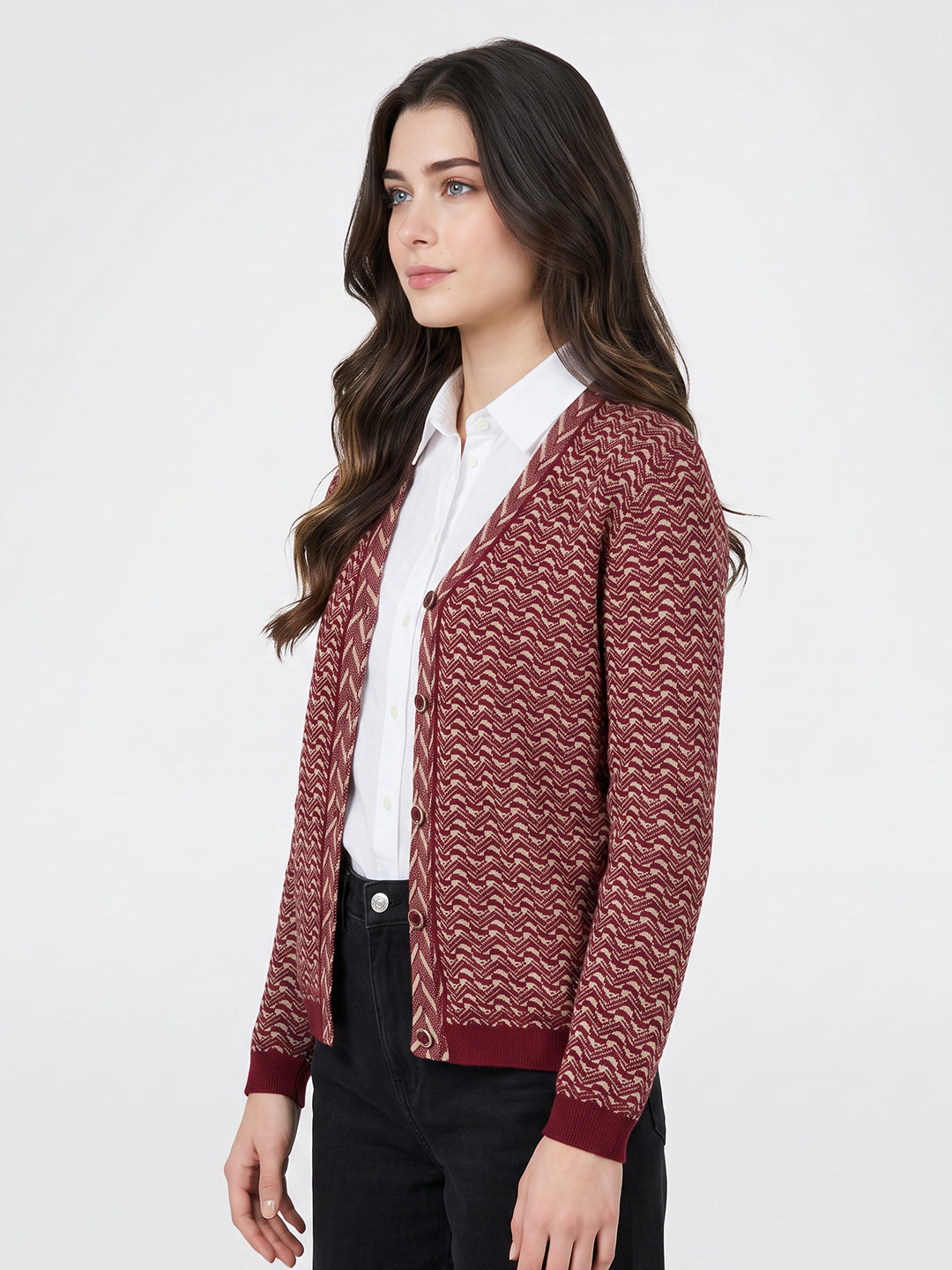 Women Multicolor Jacquard V Neck Full Sleeve Cardigan