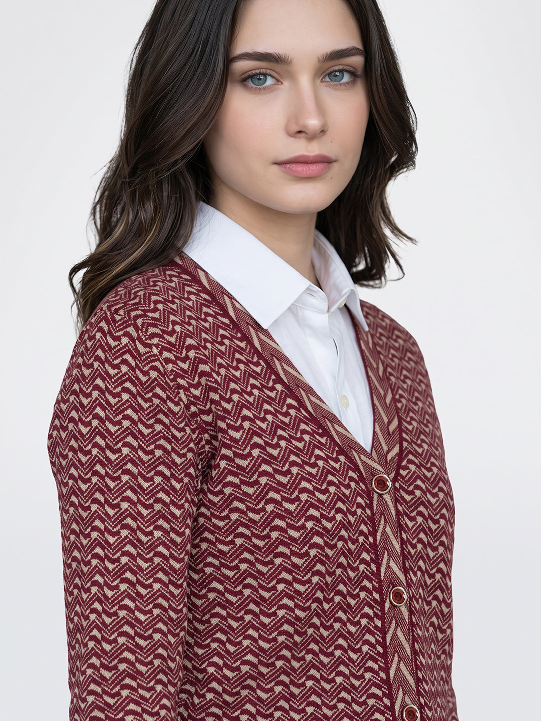 Women Multicolor Jacquard V Neck Full Sleeve Cardigan