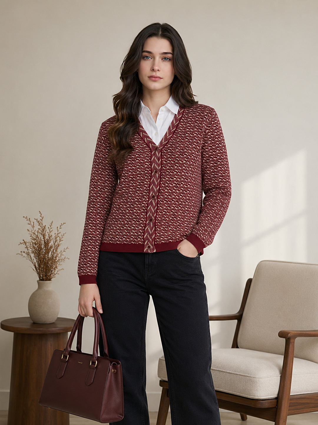 Women Multicolor Jacquard V Neck Full Sleeve Cardigan