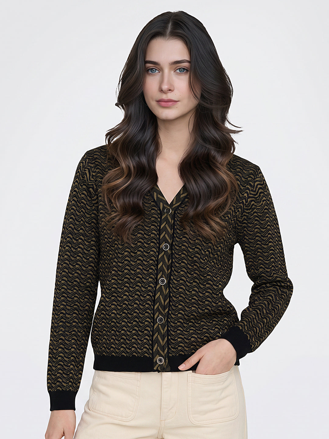 Women Black Jacquard V Neck Full Sleeve Cardigan