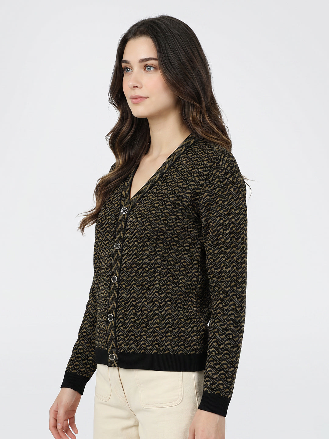 Women Black Jacquard V Neck Full Sleeve Cardigan