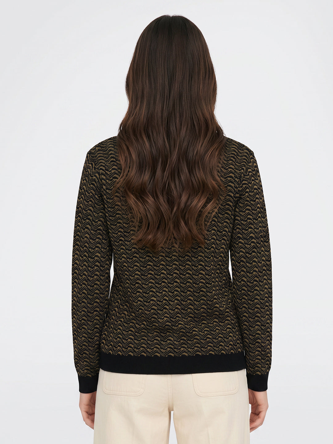 Women Black Jacquard V Neck Full Sleeve Cardigan