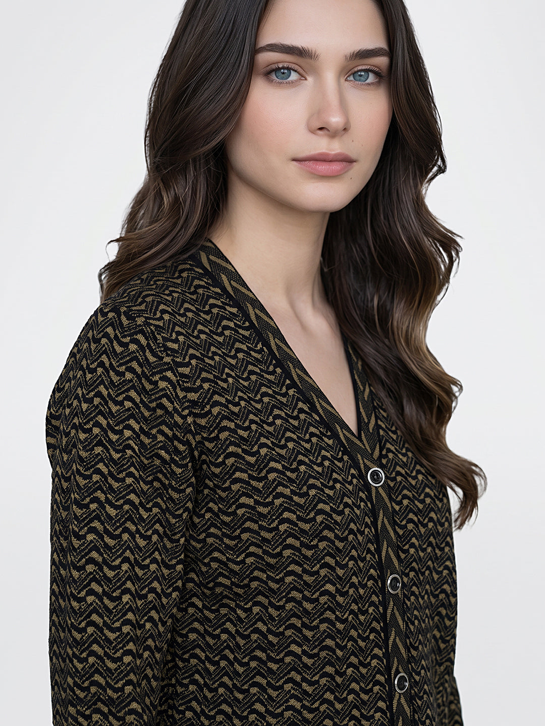 Women Black Jacquard V Neck Full Sleeve Cardigan