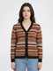 Women Brown Jacquard V Neck Full Sleeve Cardigan