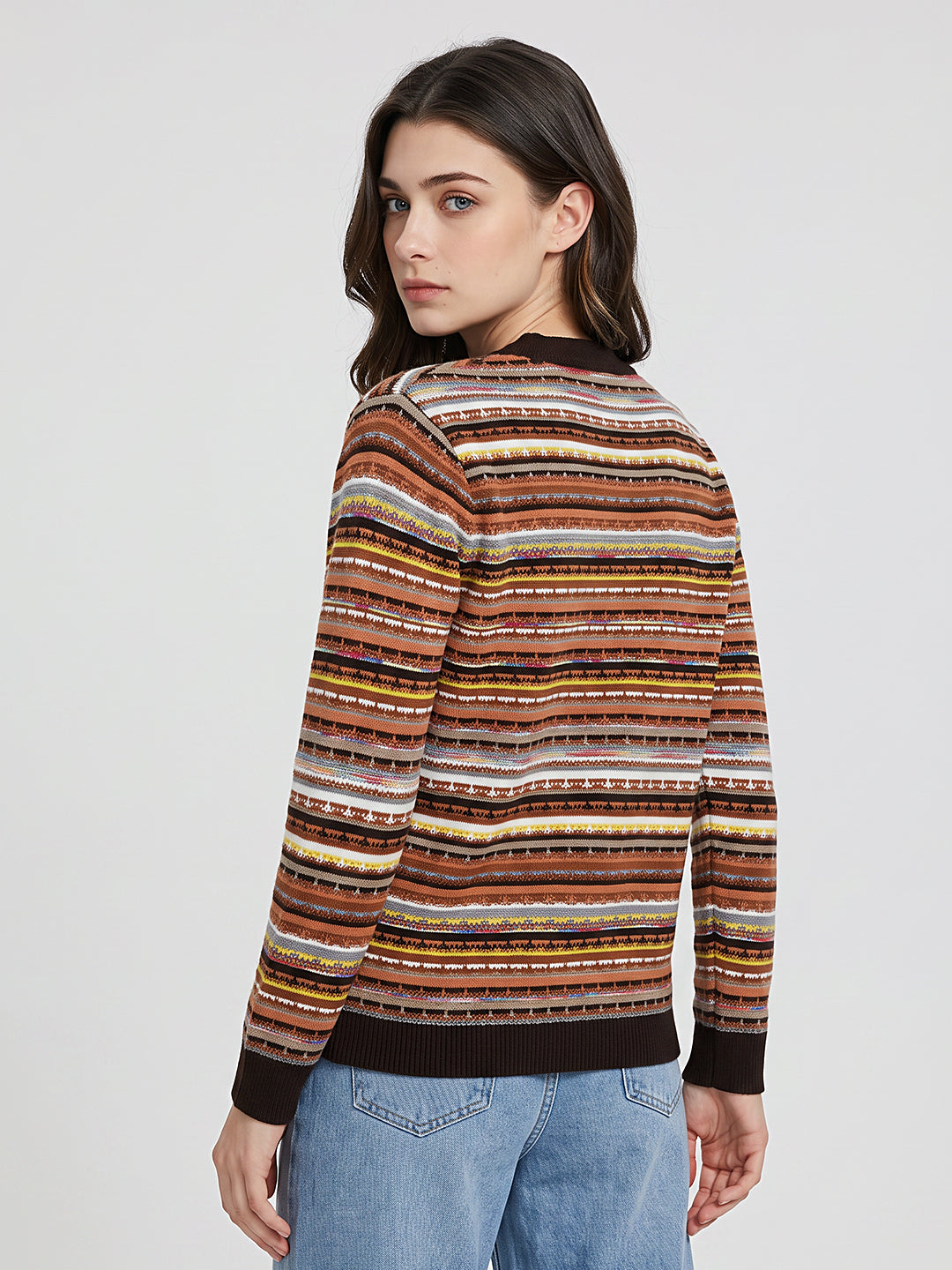 Women Brown Jacquard V Neck Full Sleeve Cardigan