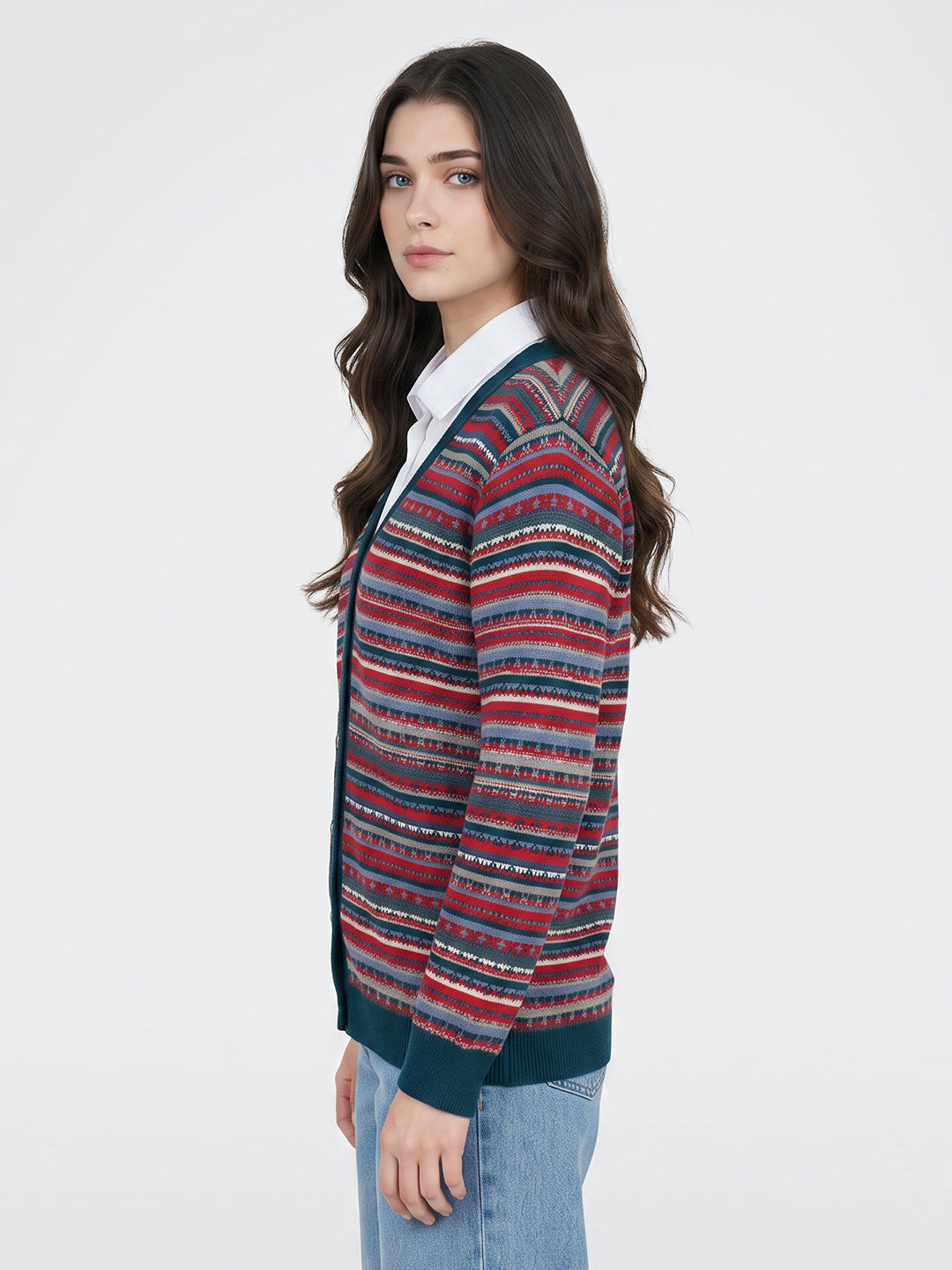 Women Teal Blue Jacquard V Neck Full Sleeve Cardigan