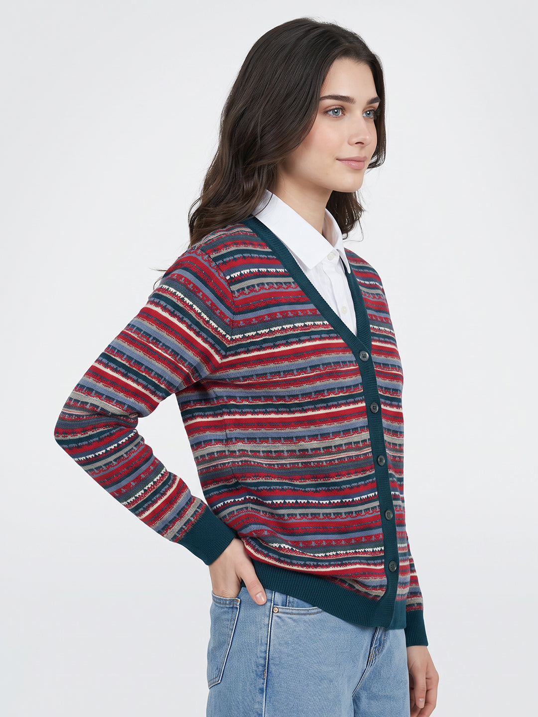 Women Teal Blue Jacquard V Neck Full Sleeve Cardigan