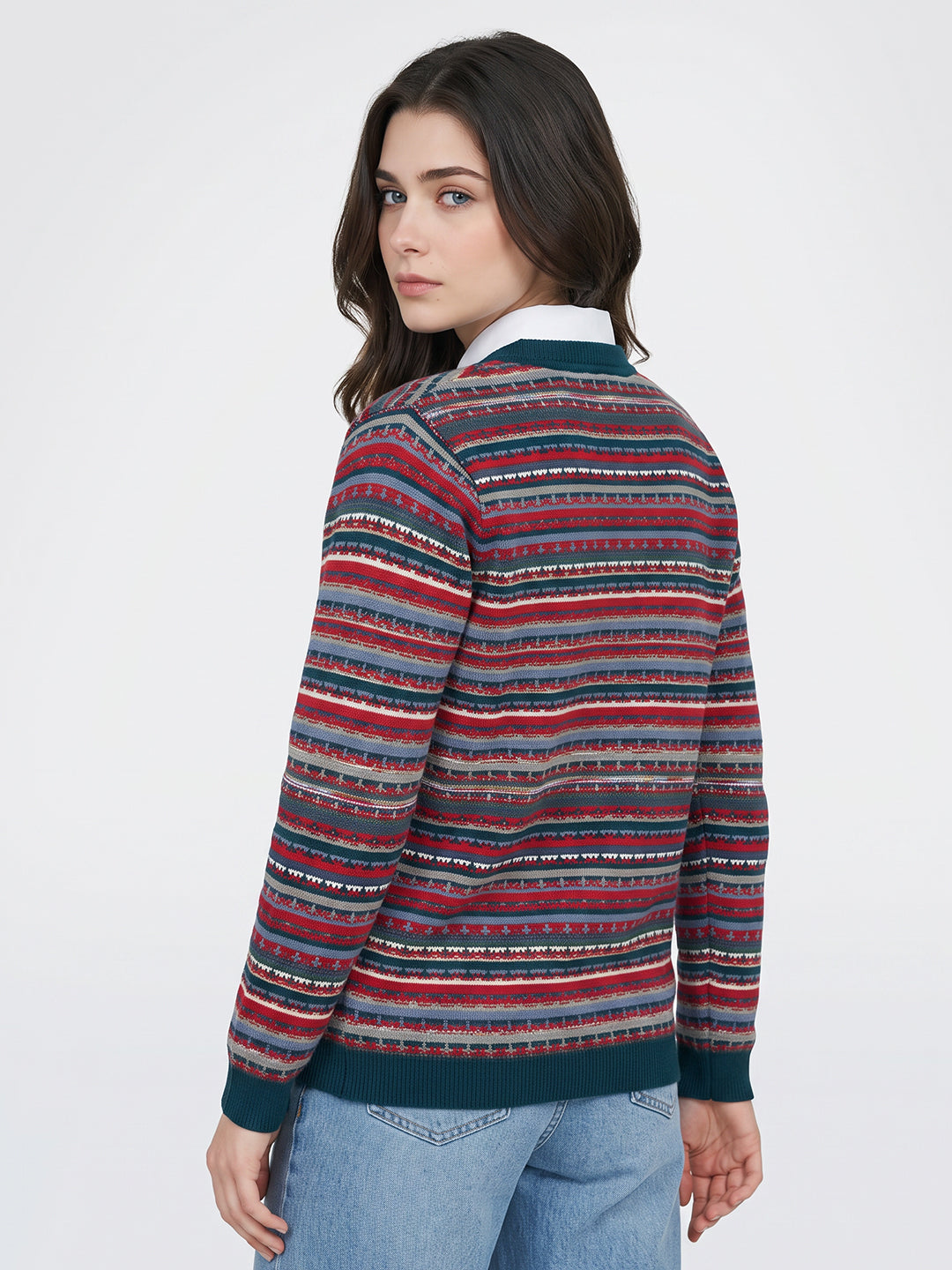 Women Teal Blue Jacquard V Neck Full Sleeve Cardigan