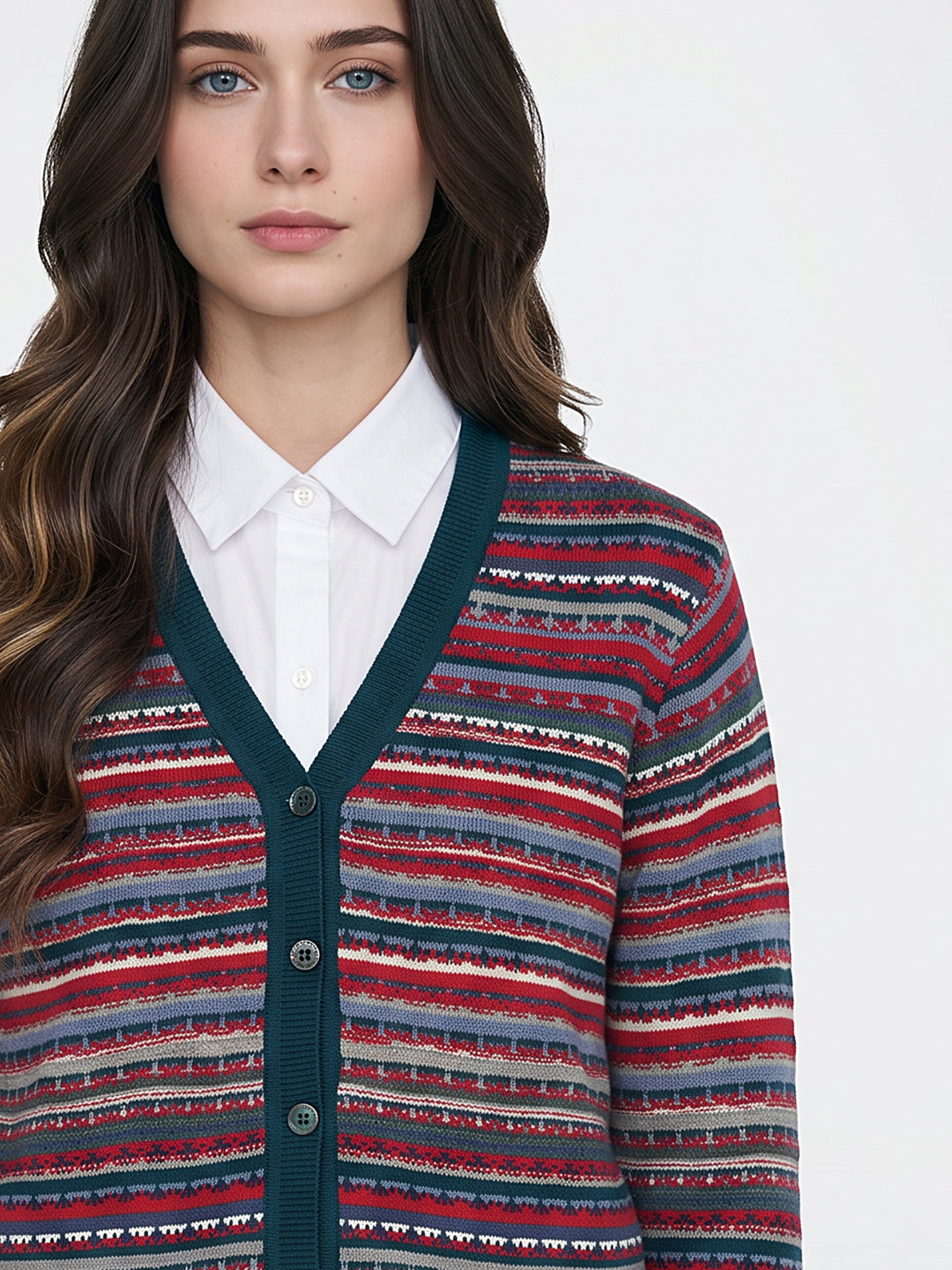 Women Teal Blue Jacquard V Neck Full Sleeve Cardigan
