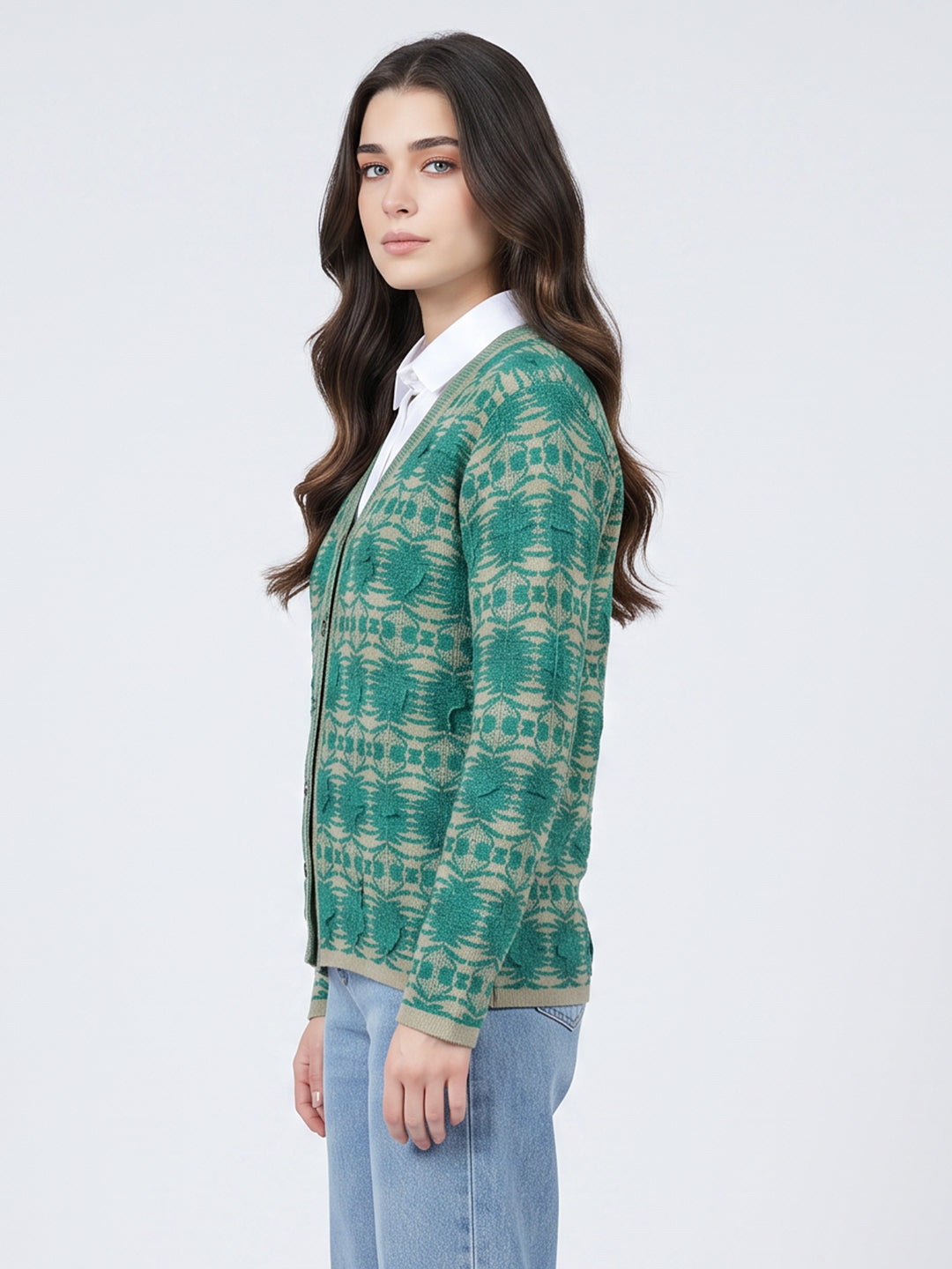 Women Green Jacquard V Neck Full Sleeve Cardigan