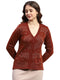 Women Brown Self Design V Neck Full Sleeve Cardigan