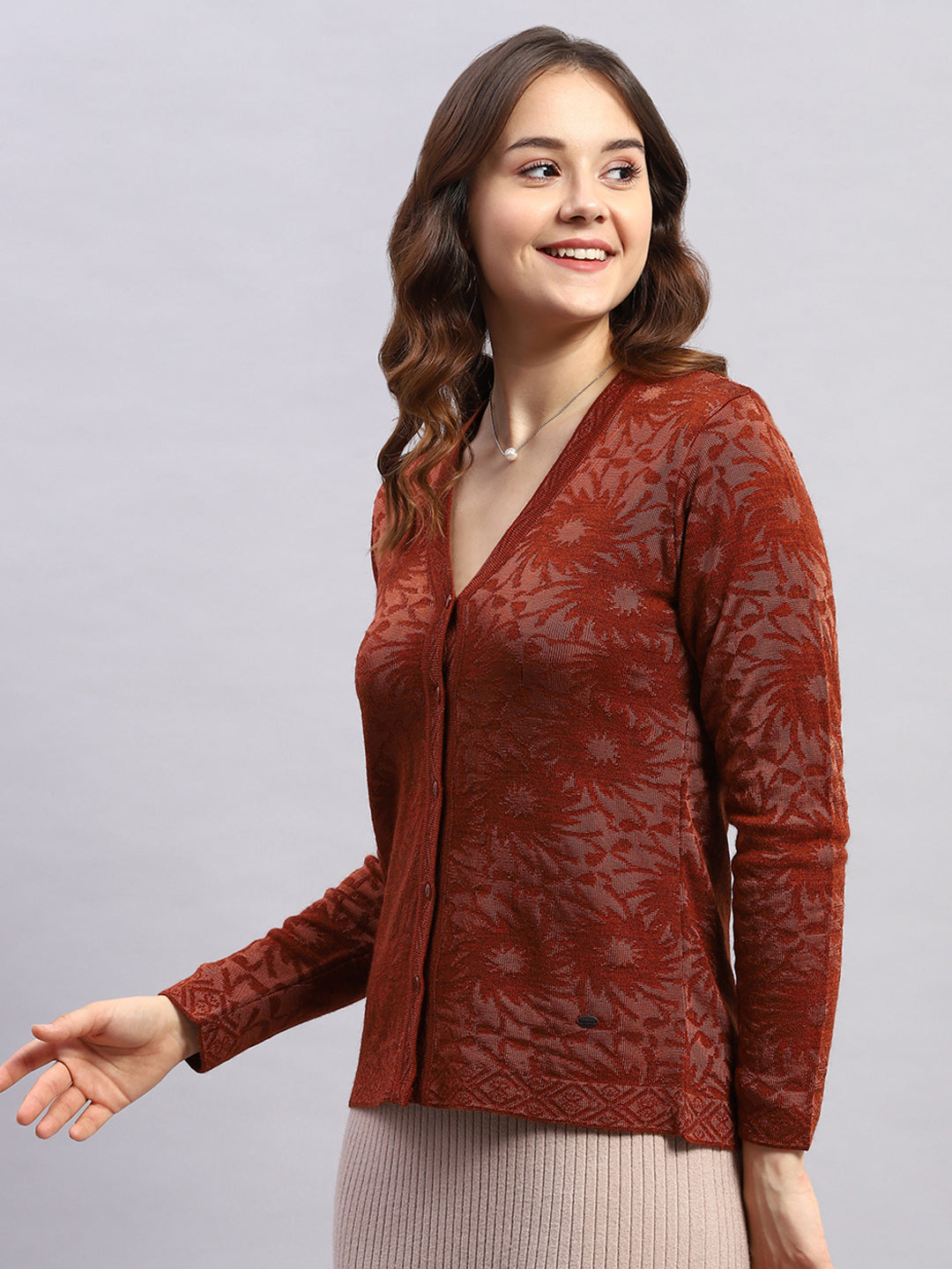 Women Brown Self Design V Neck Full Sleeve Cardigan