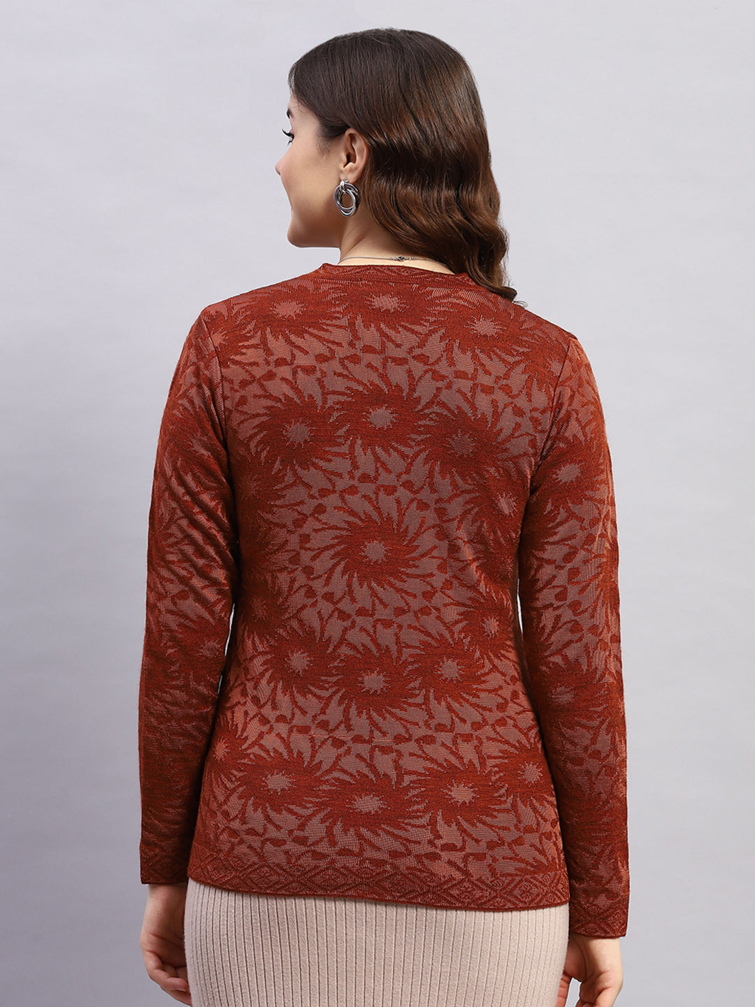 Women Brown Self Design V Neck Full Sleeve Cardigan