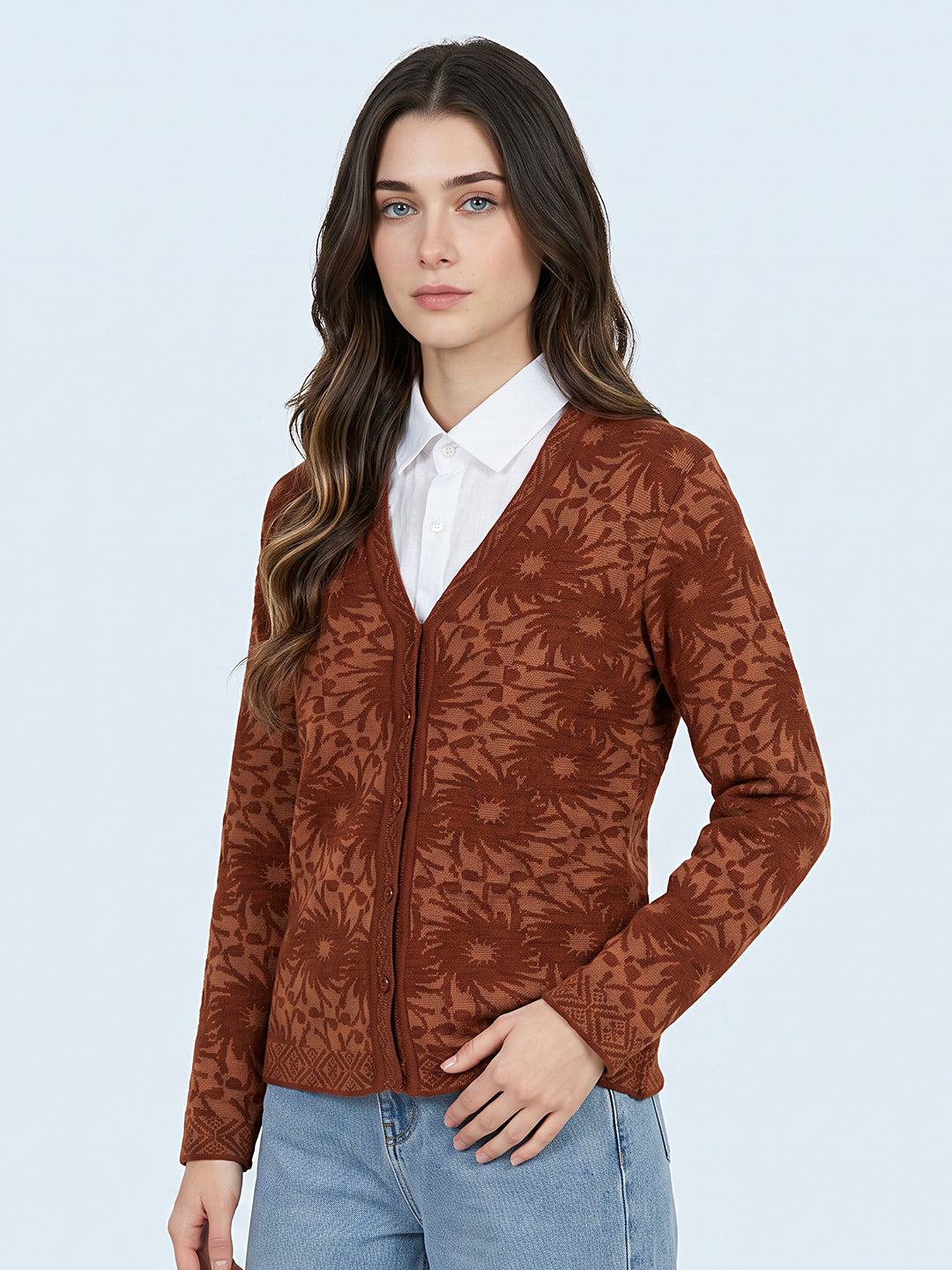 Women Brown Self Design V Neck Full Sleeve Cardigan
