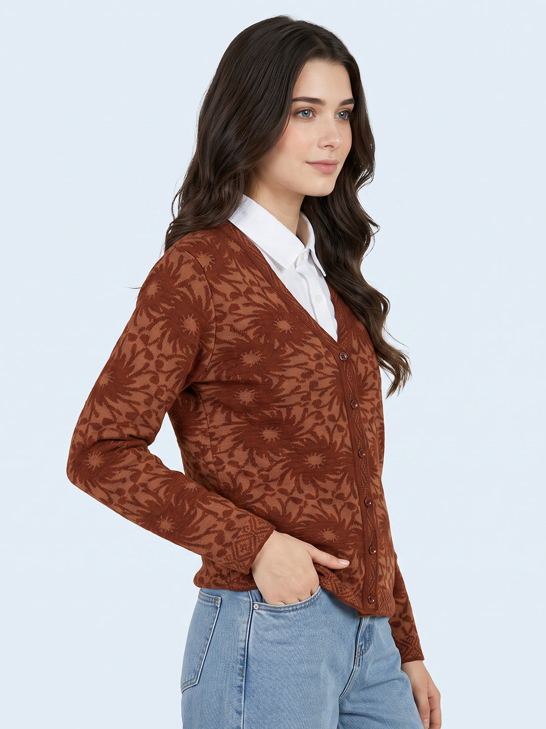 Women Brown Self Design V Neck Full Sleeve Cardigan