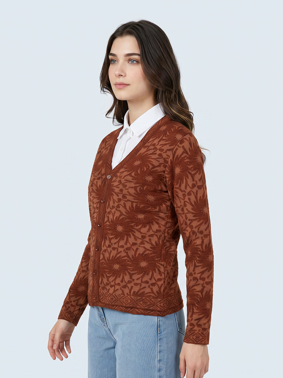 Women Brown Self Design V Neck Full Sleeve Cardigan