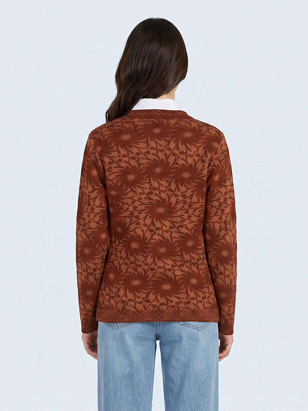 Women Brown Self Design V Neck Full Sleeve Cardigan