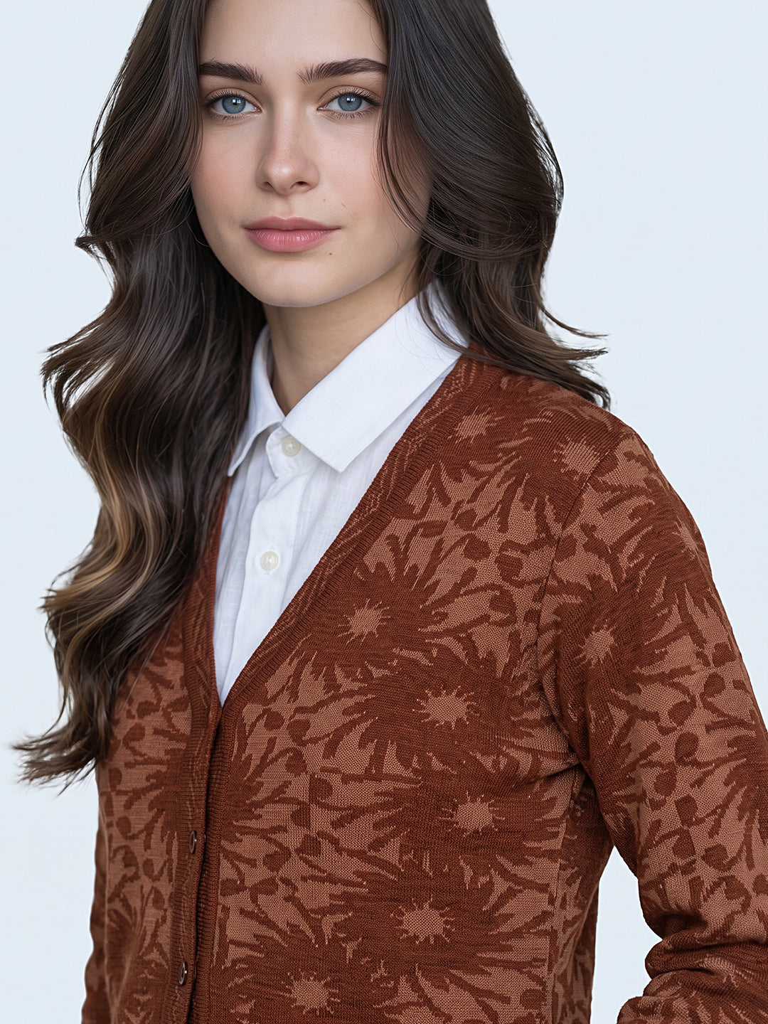 Women Brown Self Design V Neck Full Sleeve Cardigan