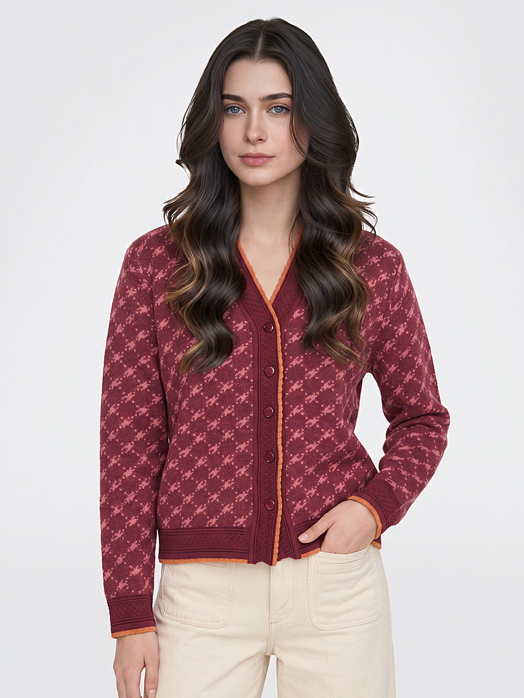 Women Maroon Jacquard V Neck Full Sleeve Cardigan