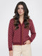 Women Maroon Jacquard V Neck Full Sleeve Cardigan