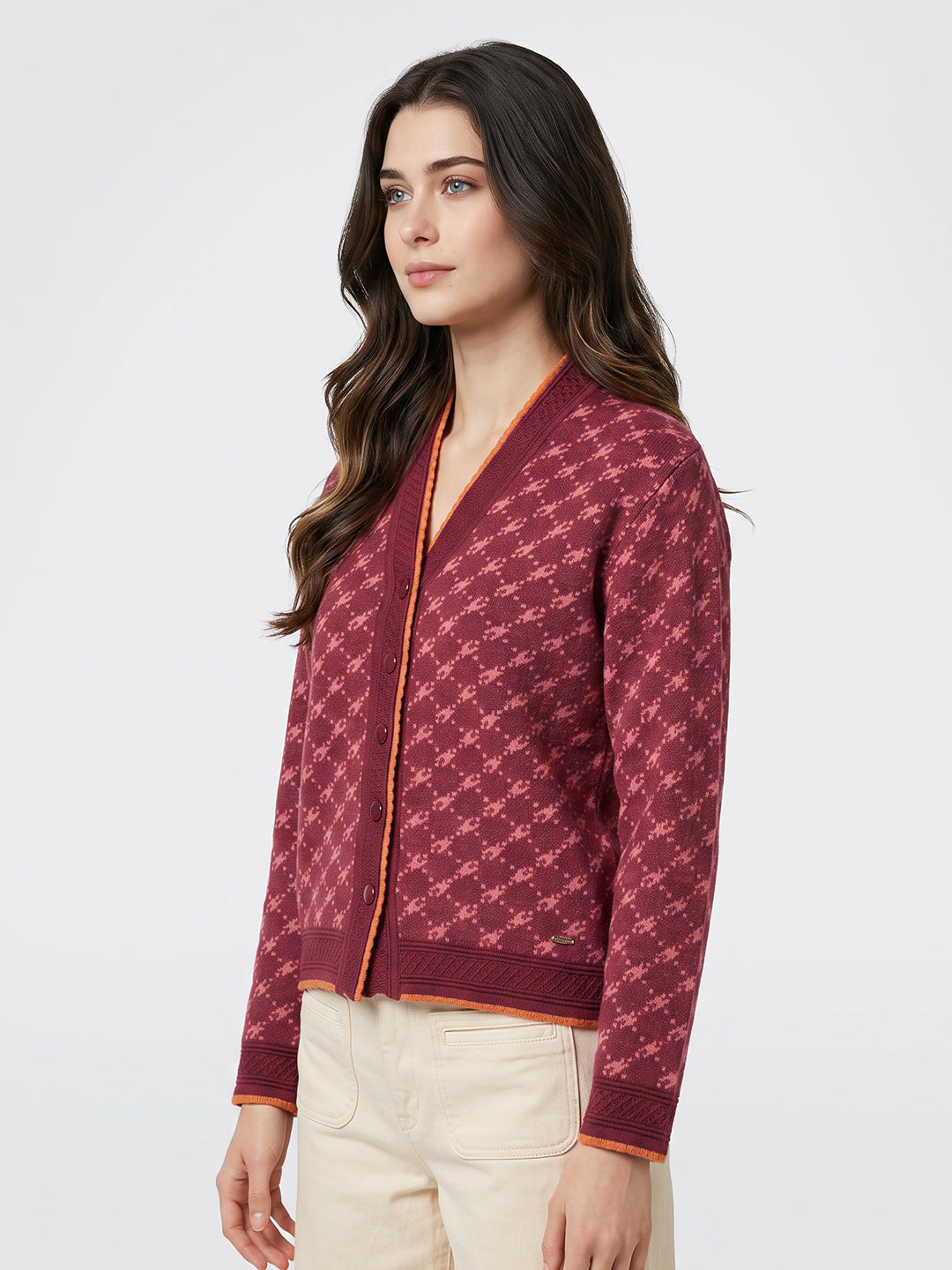 Women Maroon Jacquard V Neck Full Sleeve Cardigan