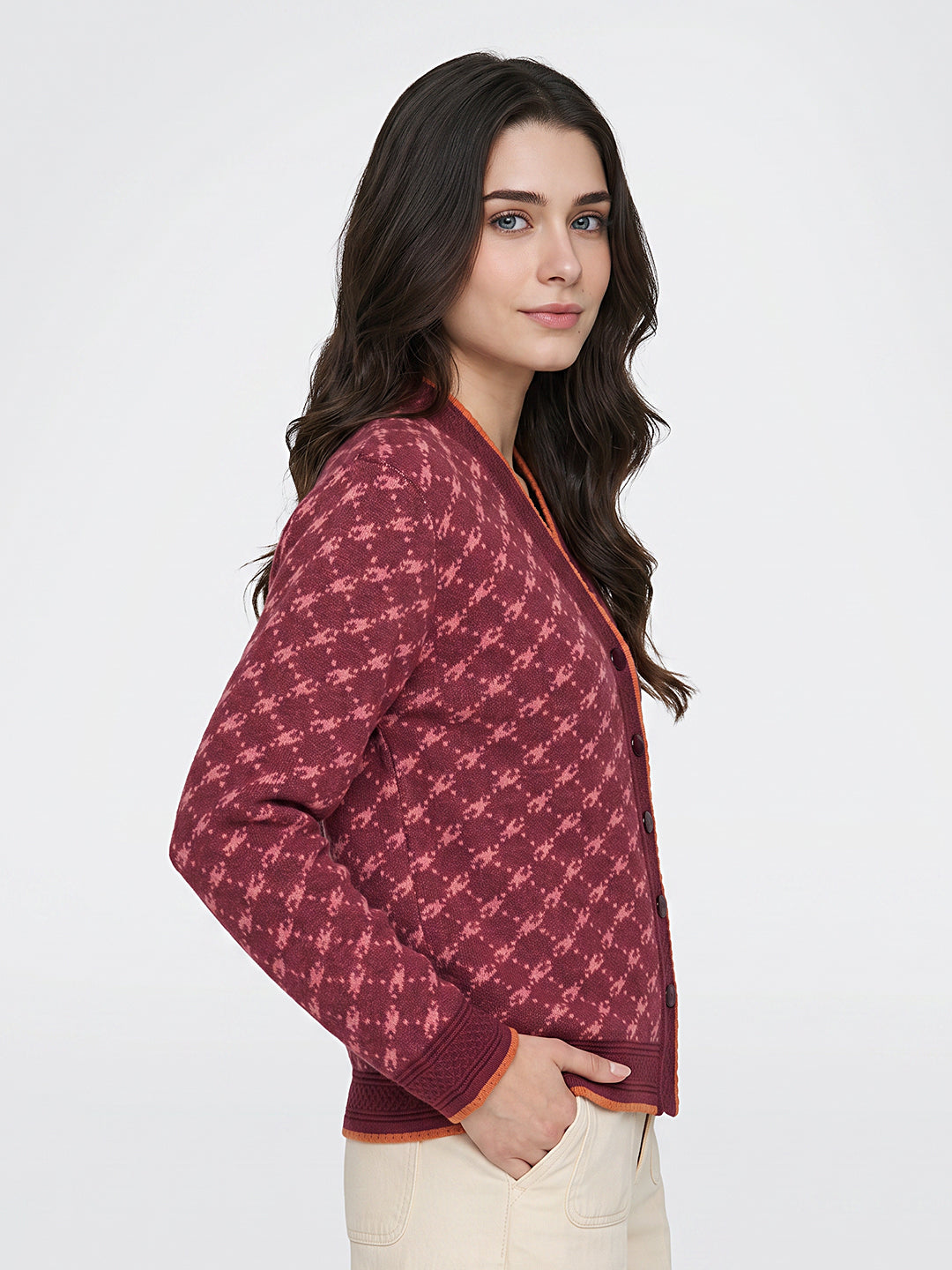 Women Maroon Jacquard V Neck Full Sleeve Cardigan