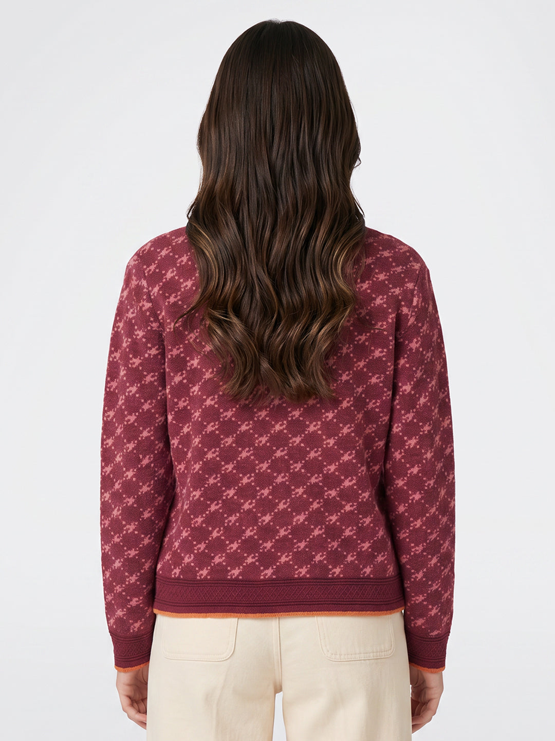 Women Maroon Jacquard V Neck Full Sleeve Cardigan