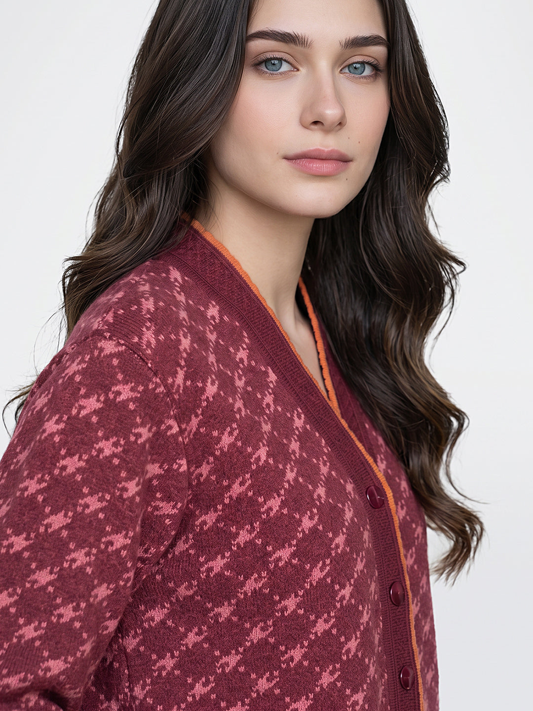 Women Maroon Jacquard V Neck Full Sleeve Cardigan