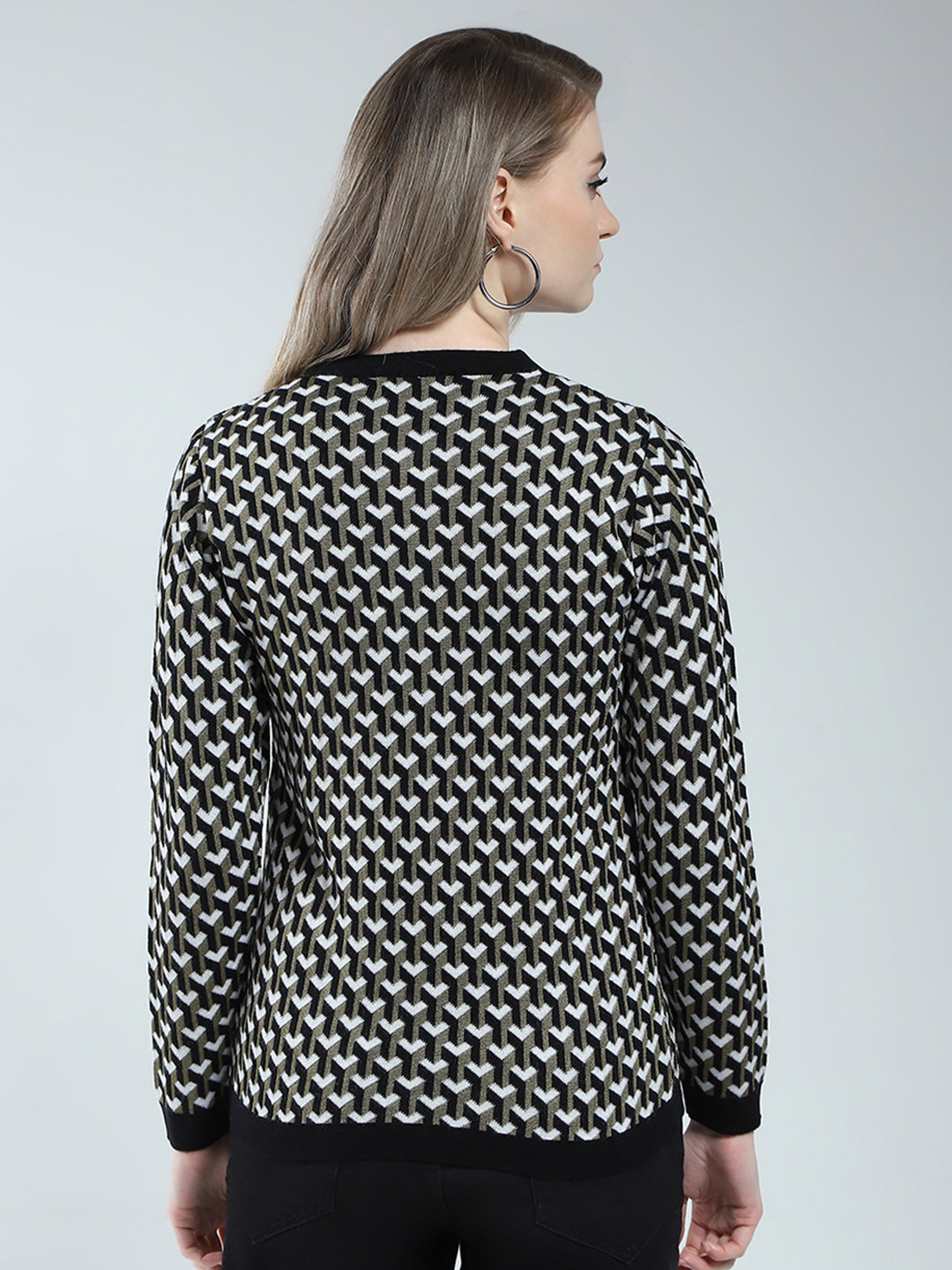 Women Black Self Design Round Neck Full Sleeve Cardigan