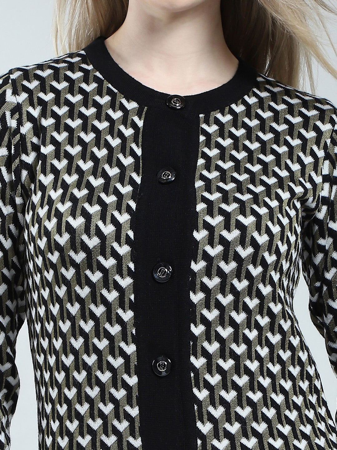 Women Black Self Design Round Neck Full Sleeve Cardigan