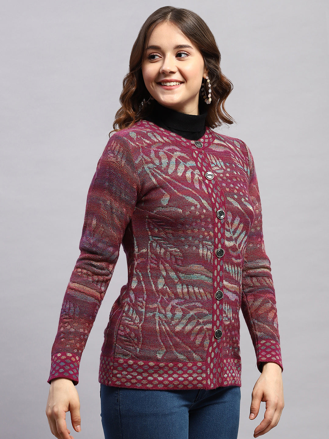 Women Magenta Self Design Round Neck Sleeveless Cardigan