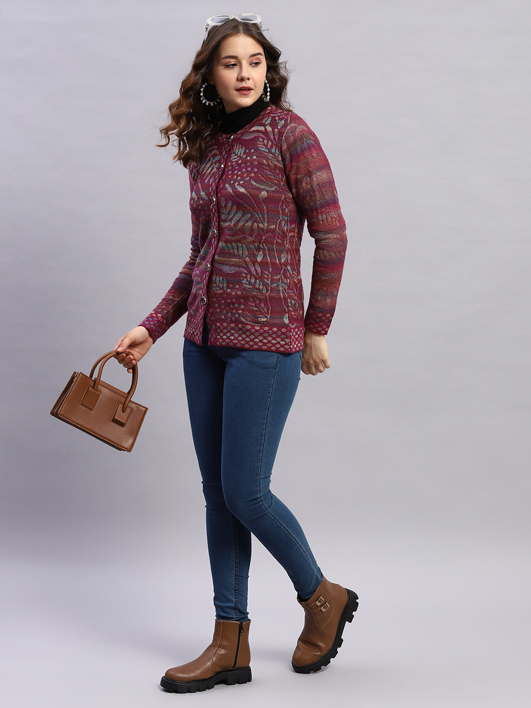 Women Magenta Self Design Round Neck Sleeveless Cardigan